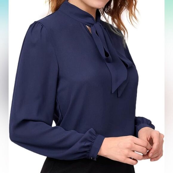 Heine Navy Elegant Bow Tie Neck Long Sleeve Blouse Hi-Low Hem Size Large - Picture 2 of 12